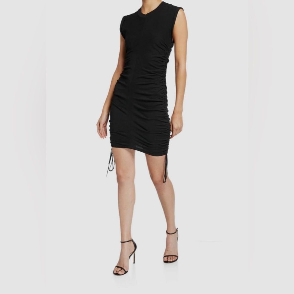T by Alexander Wang Black Ruched Drawstring Midi Dress Sleeveless Mock Neck M